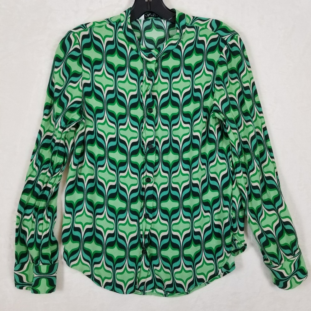 Zara Women Green Geometric Retro Print‎ Viscose Button Down Blouse Sz M Long Slv